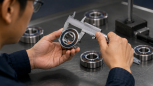 The engineer measures the bearing dimensions